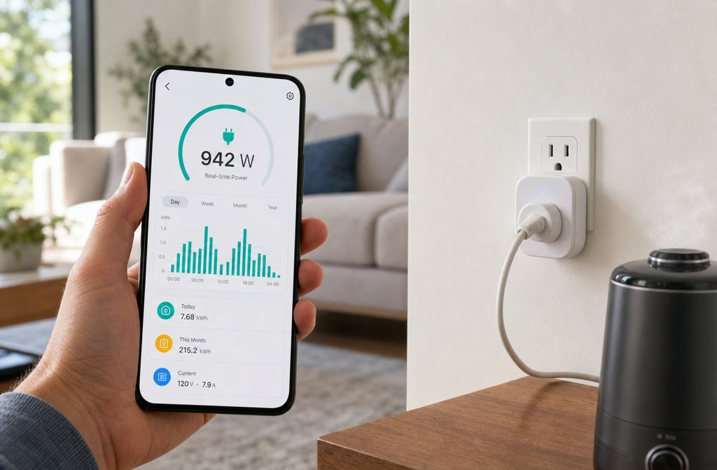 Ein Handy zeigt ein Echtzeit-Diagramm des Stromverbrauchs neben einem smarten Stecker, der ein kleines Gerät versorgt.