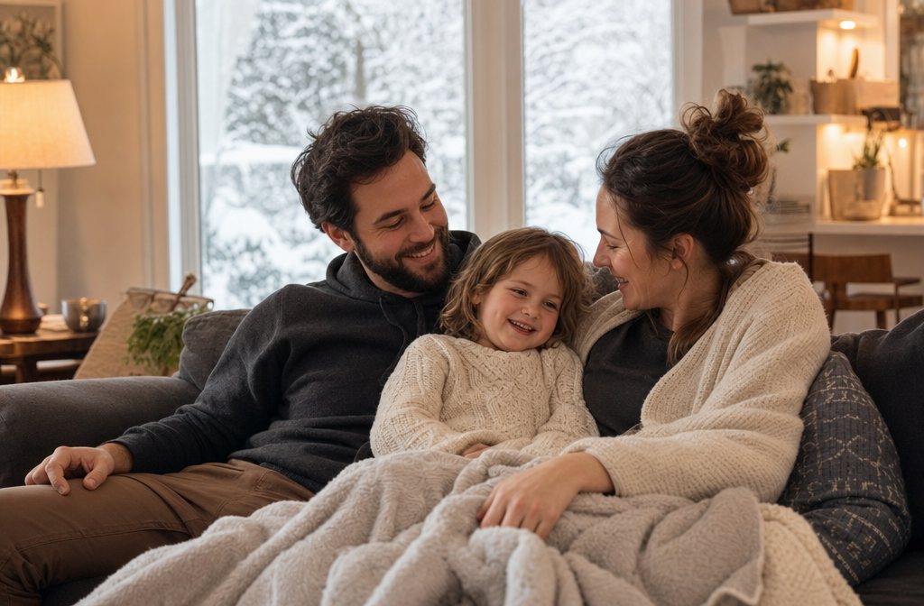 Eine junge Familie entspannt sich in einem gemütlichen, warmen Wohnzimmer im Winter.