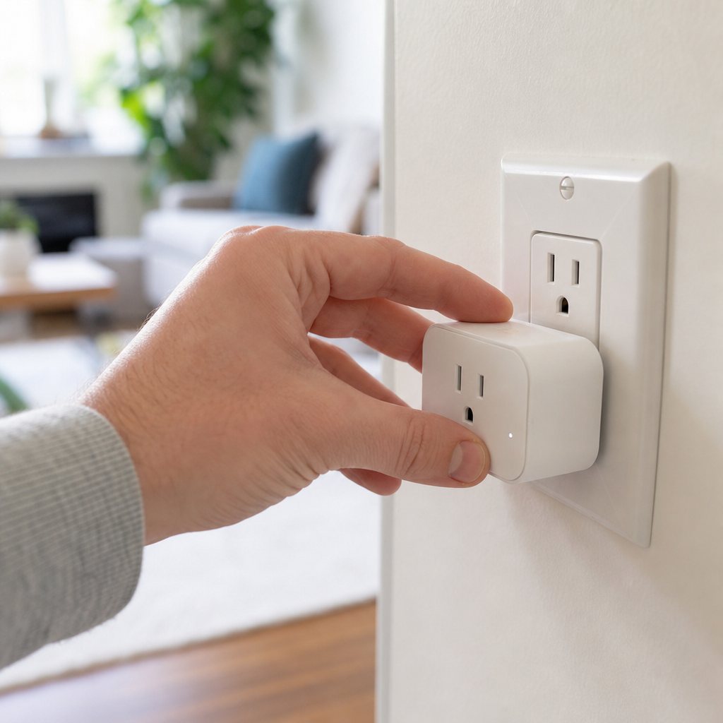 Eine Hand steckt den kompakten weißen smarten Stecker in eine Wandsteckdose.