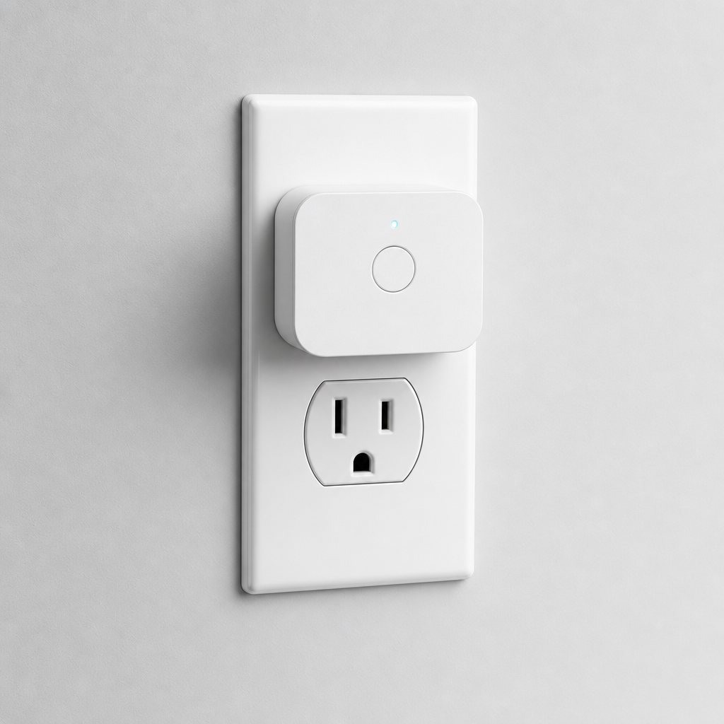 Ein kompakter weißer smarter WLAN-Stecker in einer Wandsteckdose, schmal genug, um die zweite Steckdose frei zu lassen.